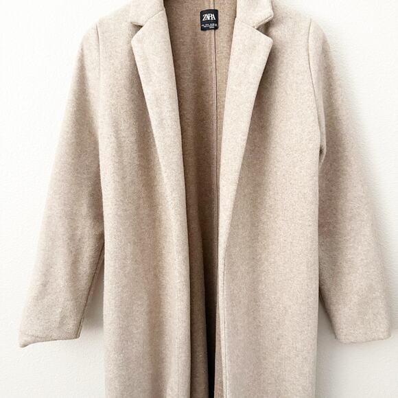 ZARA | Tan Beige Overcoat Open-Front Long Line Jacket Coat Trench Length | Large - Picture 3 of 10
